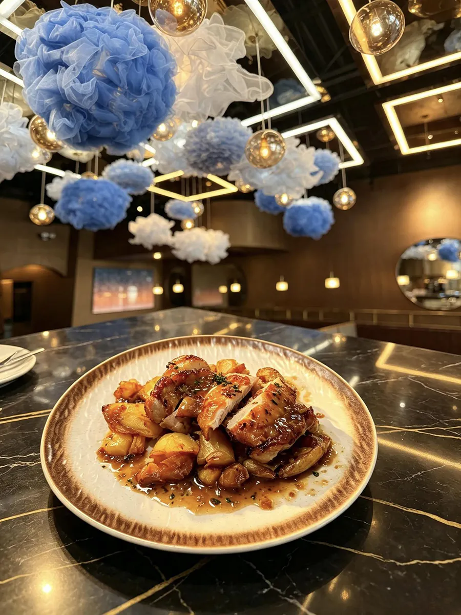 Glazed grilled chicken served with roasted potatoes in the stylish dining room at 21 Raw Bar Taphouse & Grill, a Seafood Restaurant in Greenville